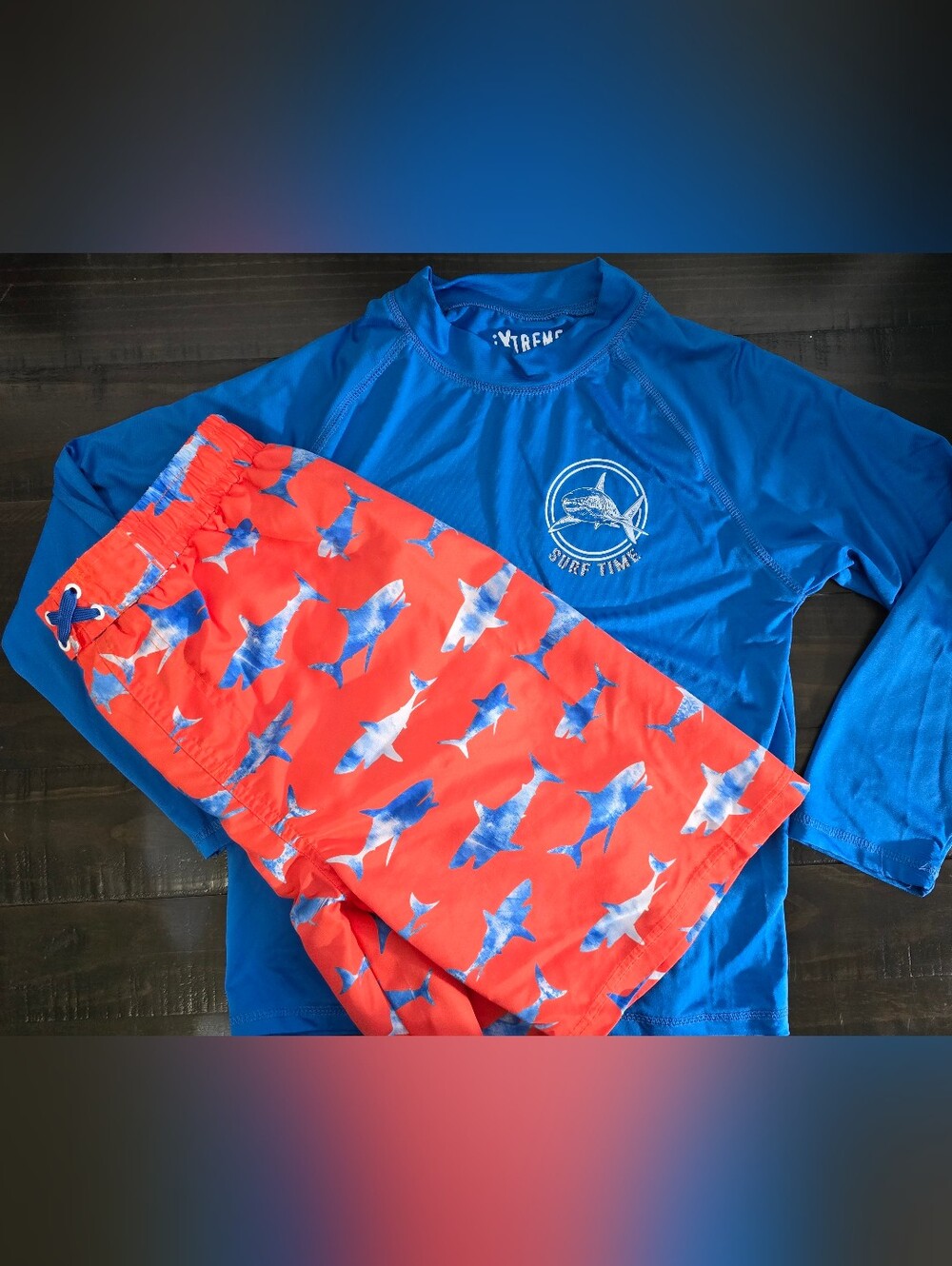 Boys Surf Time Kids' Blue Rash Guard & Orange Shark-Print Swim Trunks Set